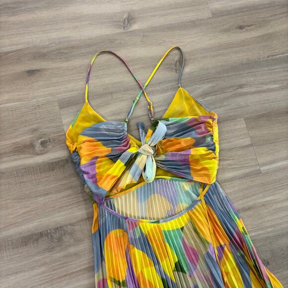 Astr the Label Blythe Plisse Midi Dress Yellow Lilac Abstract Women Size Small - Picture 7 of 9